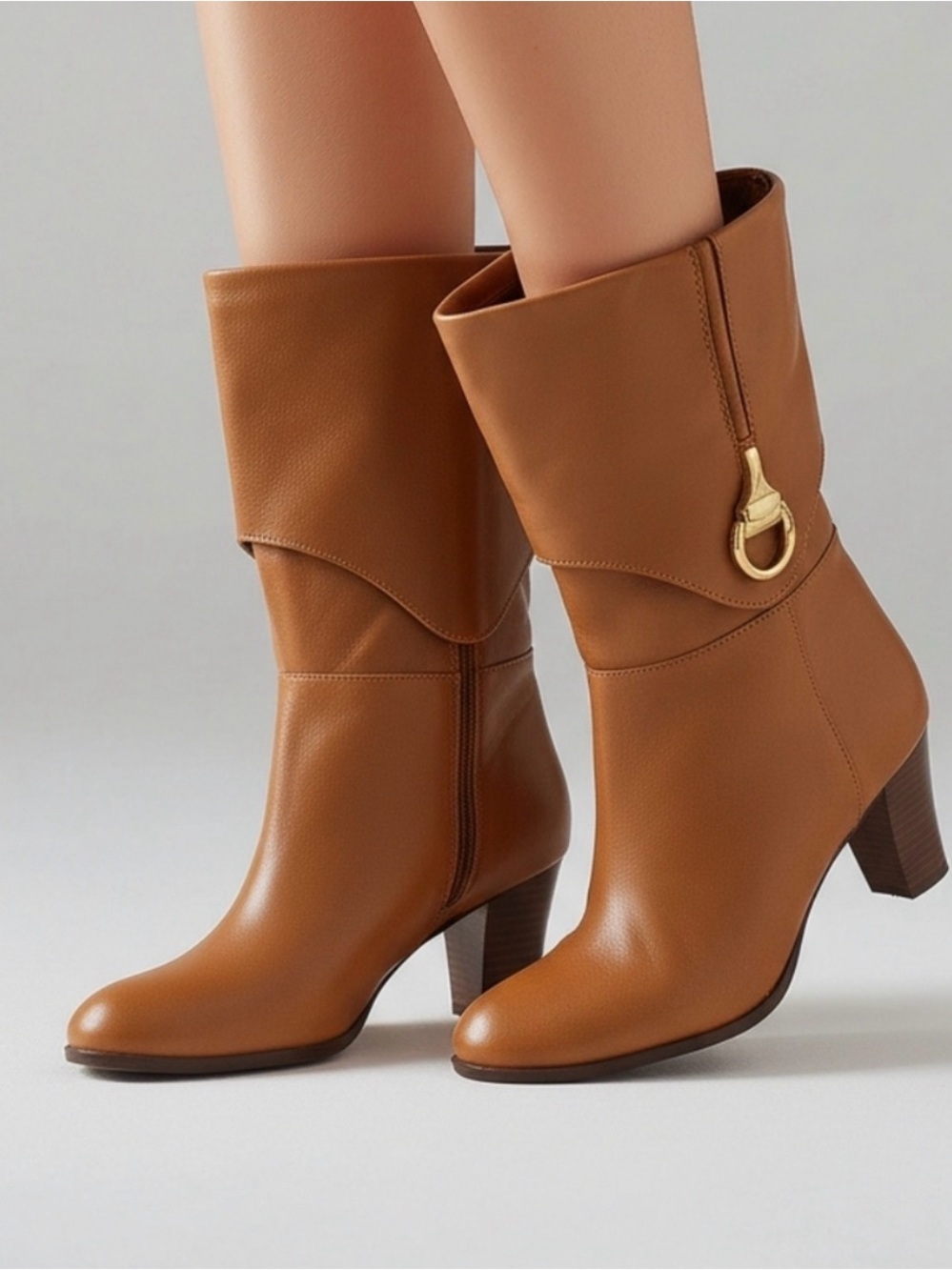 Chestnut Mid-Calf Leather Heeled Boots with Gold Ring Detail